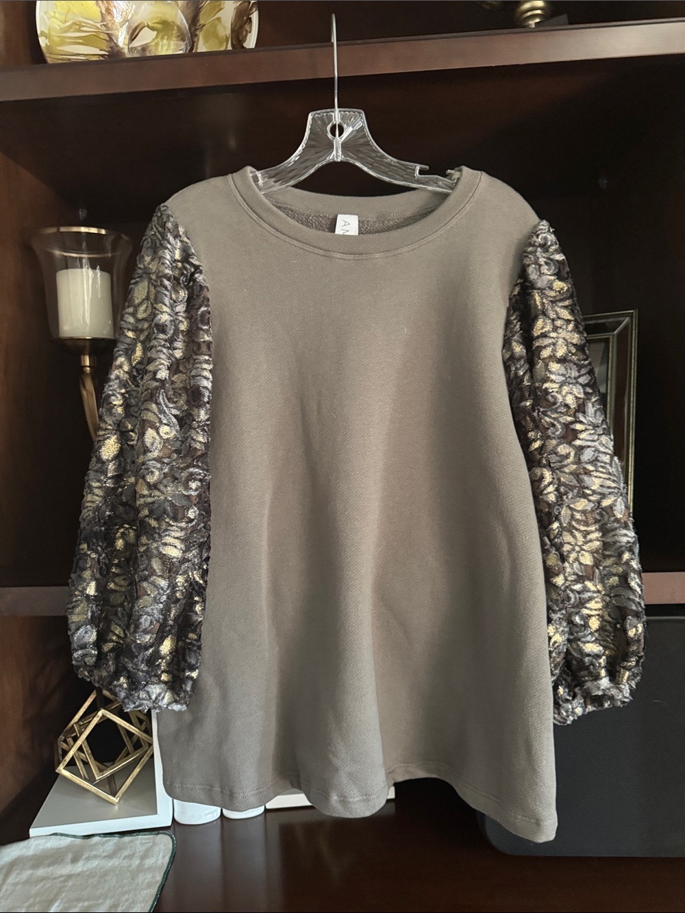 Olive Green Sweatshirt with Metallic Floral Puff Sleeves Anthropologie
